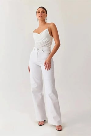 Trend Jean Yüksek Bel Wide Leg Beyaz Palazzo Pantolon Bol Paça Jeans(Likrasız)