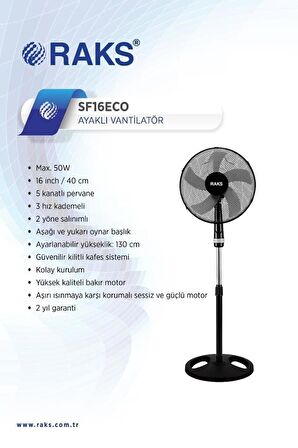 Sf 16 Eco Salınım Özellikli 5 Kanatlı Ayaklı Vantilatör Siyah 50w