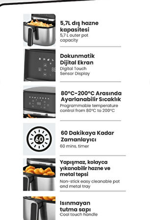 Optima 1700 Watt XL Dijital Dokunmatik 8 Ön Programlı Airfryer Yağsız Kızartma Sıcak Hava Fritöz