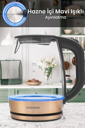 Goldmaster Honey Rose Gold Paslanmaz Çelik 2200 Watt 1.7 Litre Işıklı Cam Kettle Su Isıtıcı