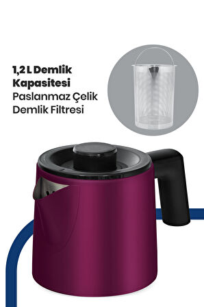 Akasya Mor XL 2200 Watt Patentli Damlatmayan Tasarımı Çelik Çay Makinesi ve Su Isıtıcısı