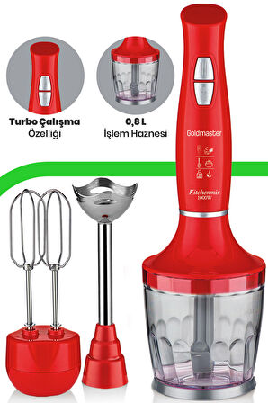 GoldMaster Kitchenmix 1000W Güçlü Motor Turbo Hız Ayarlı 3 in 1 Blender Set Kırmızı IN6140K