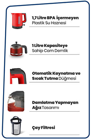 Gold Master Begamot 2200 W Çay Makinesi Kırmızı 