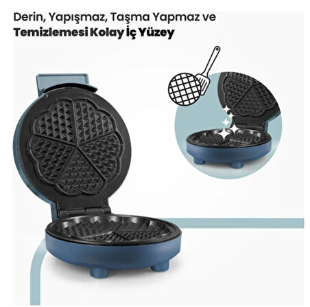 Bonbon 1000 W Taşmayı Önleyen Derin Plakalı Isı Korumalı Waffle Makinesi Ege Mavisi