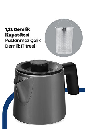 Akasya Antrasit XL 2200 Watt Patentli Damlatmayan Tasarımı Çelik Çay Makinesi Ve Su Isıtıcısı