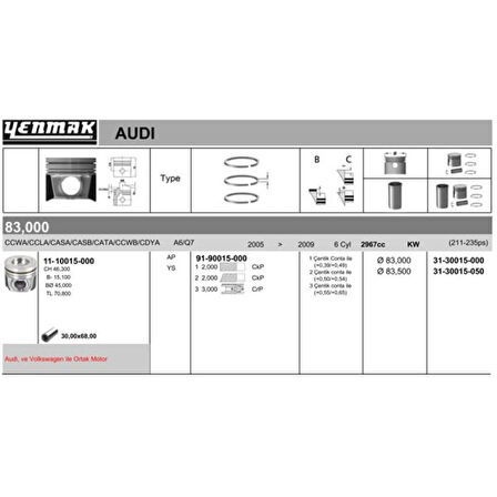 Vag Piston+segman (83,51mm 0,50) Phaeton A4 A6 A8 Q7 Touareg 3,0tdi (204 / 211 / 224 / 225 / 233 Ps) Asb - Yenmak 31-30015-050