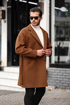 Erkek Taba Kemerli Oversize Rahat Kesim Kaşe Kaban