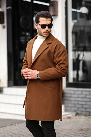 Erkek Taba Kemerli Oversize Rahat Kesim Kaşe Kaban