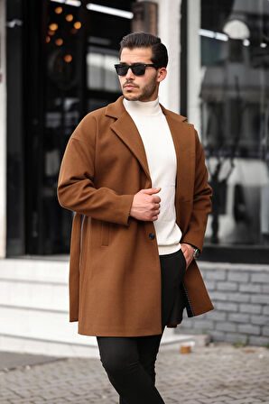 Erkek Taba Kemerli Oversize Rahat Kesim Kaşe Kaban