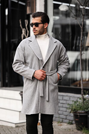 Erkek Açık Gri Kemerli Oversize Rahat Kesim Kaşe Kaban
