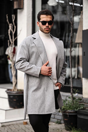 Erkek Açık Gri Kemerli Oversize Rahat Kesim Kaşe Kaban