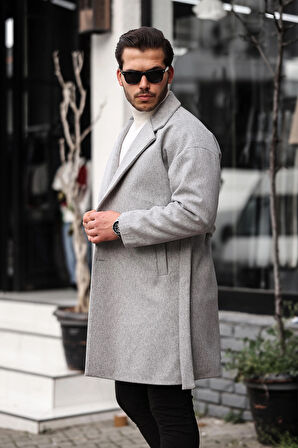 Erkek Açık Gri Kemerli Oversize Rahat Kesim Kaşe Kaban