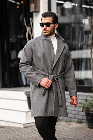 Erkek Gri Kemerli Oversize Rahat Kesim Kaşe Kaban