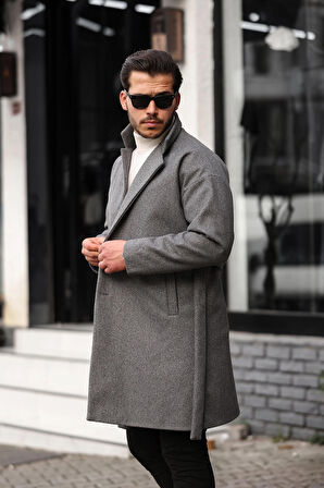 Erkek Gri Kemerli Oversize Rahat Kesim Kaşe Kaban