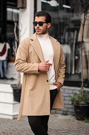 Erkek Hardal Kemerli Oversize Rahat Kesim Kaşe Kaban