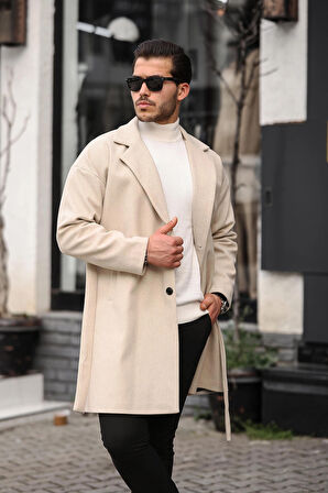 Erkek Bej Kemerli Oversize Rahat Kesim Kaşe Kaban