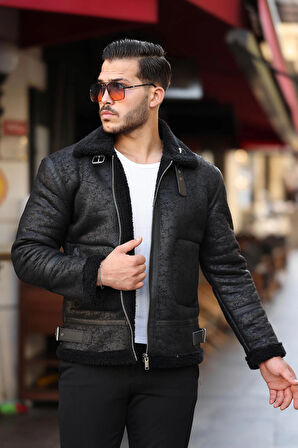Erkek Napa Deri Içi Full Kürklü Yüksek Kalite Slim Fit Siyah Mont & Ceket