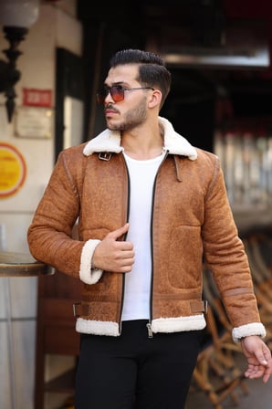 Erkek Napa Deri Içi Full Kürklü Yüksek Kalite Slim Fit Taba Mont & Ceket