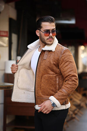 Erkek Napa Deri Içi Full Kürklü Yüksek Kalite Slim Fit Taba Mont & Ceket