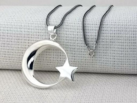 Şanlı Ay Yıldız Büyük Boy  925 Ayar Gümüş Erkek Kolye