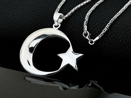 Şanlı Ay Yıldız Büyük Boy  925 Ayar Gümüş Erkek Kolye