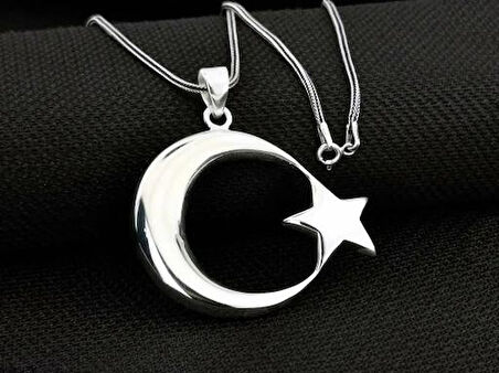 Şanlı Ay Yıldız Büyük Boy  925 Ayar Gümüş Erkek Kolye