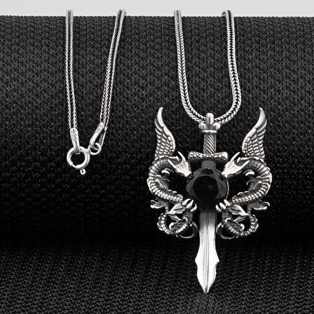 Ejderha Tasarımlı Kırmızı Zirkon Taşlı  925 Ayar Gümüş Erkek Kolye