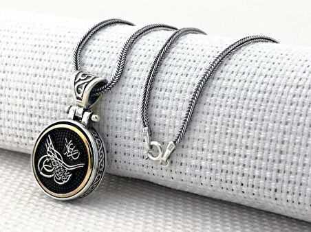 Osmanlı Tuğra Desenli Ortası Dönen 925 Ayar Gümüş Erkek Kolye