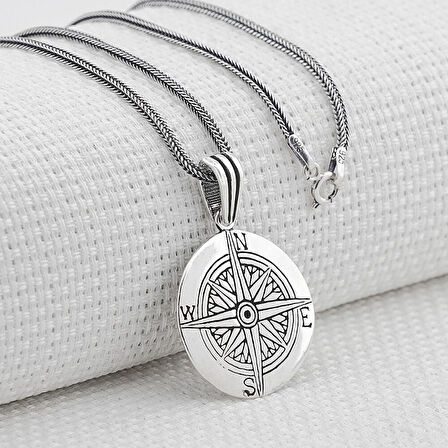 Pusula 925 Ayar Gümüş Erkek Kolye