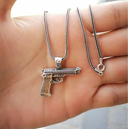 Özel Tabanca Tasarımlı 925 Ayar Gümüş Erkek Kolye