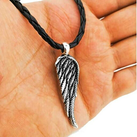 Özel Kartal Kanadı Tasarımlı Deri İpli 925 Ayar Gümüş Erkek Kolye