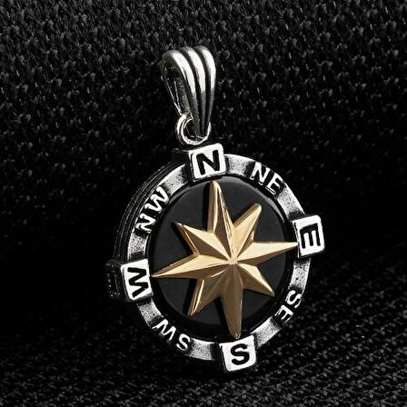 Pusula Siyah Oniks Taşlı 925 Ayar Gümüş Erkek Kolye Ucu