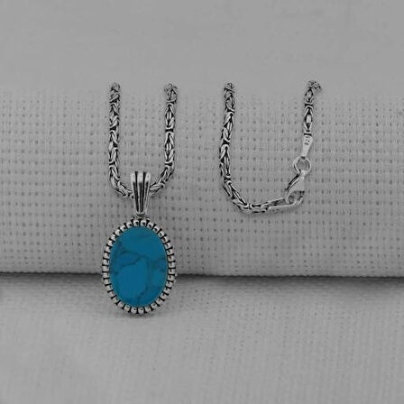 Turkuaz Taşlı Oval  925 Ayar Gümüş Erkek Kolye