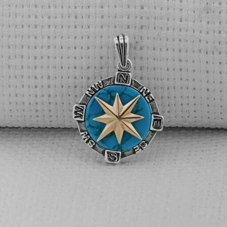 Turkuaz Taşlı Pusula  925 Ayar Gümüş Erkek Kolye Ucu