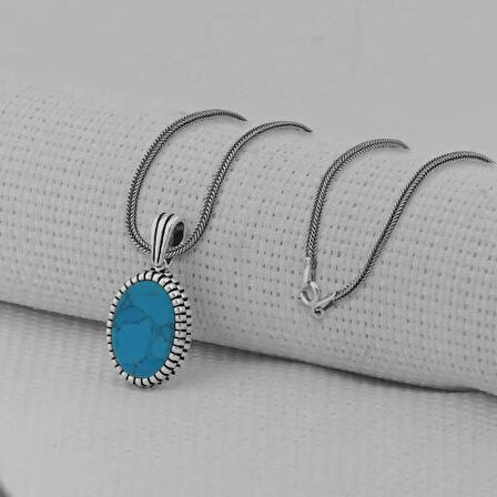 Turkuaz Taşlı Oval  925 Ayar Gümüş Erkek Kolye