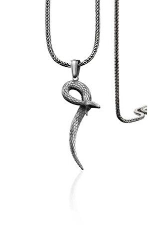 Üç Boyutlu Kara Bamba Yılan 925 Ayar Gümüş Erkek Kolye