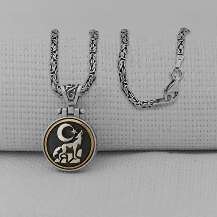 Uluyan Kurt Ay Yıldız  Kral Zincir Ortası Dönen  925 Ayar Gümüş Erkek Kolye