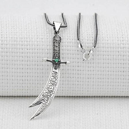 Yeşil Taşlı Zulfikar 925 Ayar Gümüş Erkek Kolye