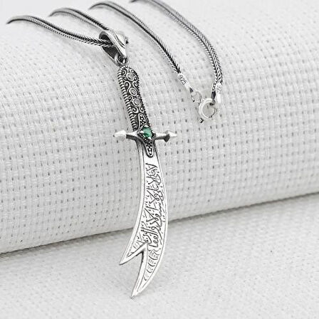 Yeşil Taşlı Zulfikar 925 Ayar Gümüş Erkek Kolye