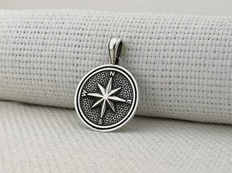 Yuvarlak Pusula Tasarılı 925 Ayar Gümüş Erkek Kolye  Ucu