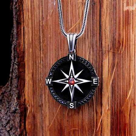 Zirkon Taşlı Pusula 925 Ayar Gümüş Erkek Kolye