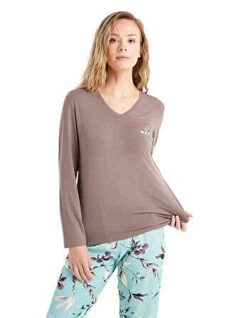 Blackspade V Yaka Düz Vizon Kadın Pijama Takımı 51661