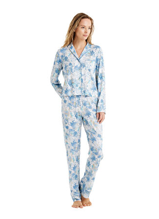 Blackspade Gömlek Yaka Baskılı Mavi Kadın Pijama Takımı 51626