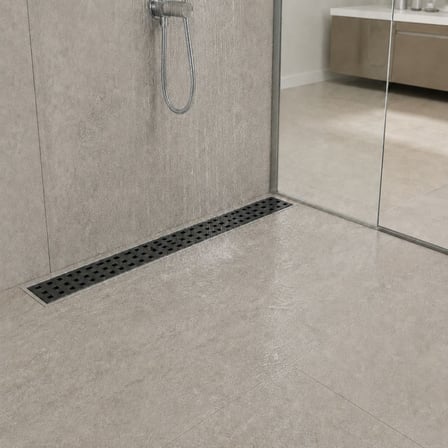 40 cm Mat Siyah Lineer 304 Paslanmaz Çelik Kaplamalı Duş Kanalı Izgara Yer Süzgeci Kare Delikli Koku Önleyici