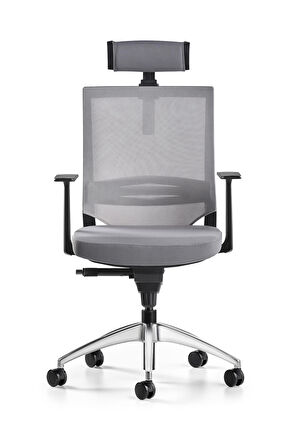 Bürotime Cozy Başlıklı Çalışma Koltuğu - Sabit T Kol - Alüminyum Ayak - Gri/Antrasit