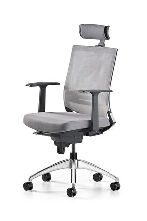 Bürotime Cozy Başlıklı Çalışma Koltuğu - Sabit T Kol - Alüminyum Ayak - Gri/Antrasit