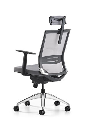Bürotime Cozy Başlıklı Çalışma Koltuğu - Sabit T Kol - Alüminyum Ayak - Gri/Antrasit