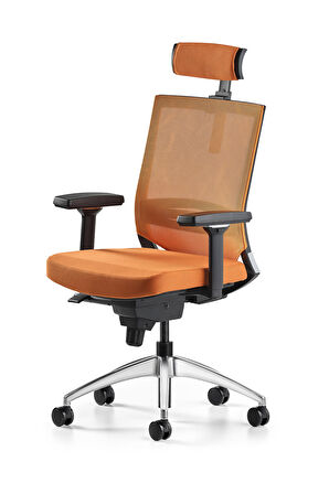 Bürotime Cozy Başlıklı Çalışma Koltuğu - 3D Kol - Alüminyum Ayak - Turuncu