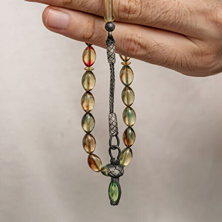 Sıkma Kehribar Kazaz Püsküllü 1000 Ayar Gümüş Tesbih