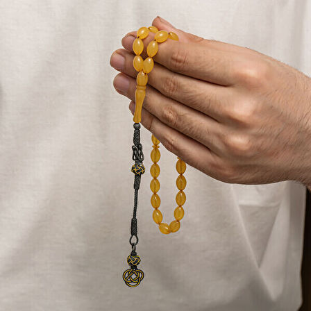 Sıkma Kehribar Kazaz Püsküllü 1000 Ayar Gümüş Tesbih